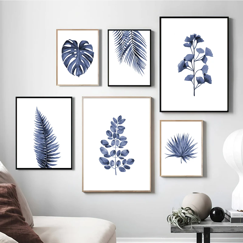 Синий папоротник монстера пальмовый лист растения плакаты и принты современные