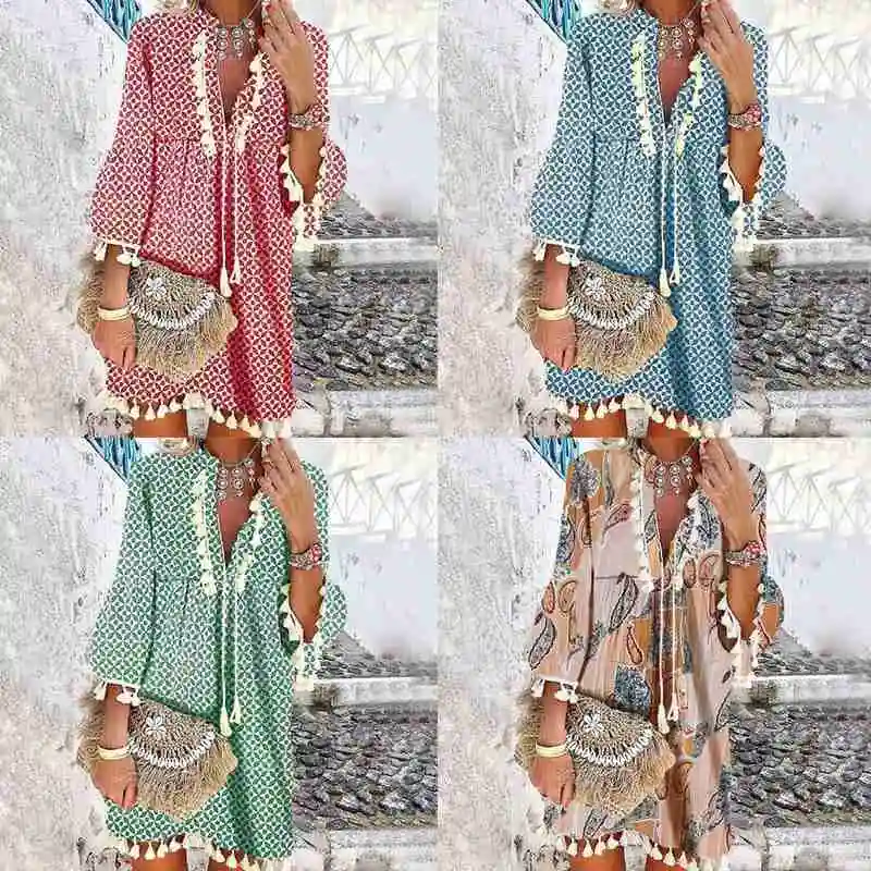 

Spring Dresses Summer Woman 2021 Vintage Tassel Beach For girls Floral V Print 3/4 Neck Dress Ladies Mini Elegant Sleeve Dr Y6E4