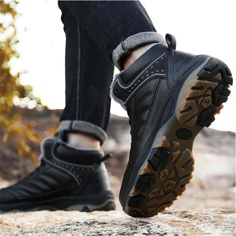 Мужские зимние меховые сапоги теплые кожаные ботильоны с плюшевой подкладкой