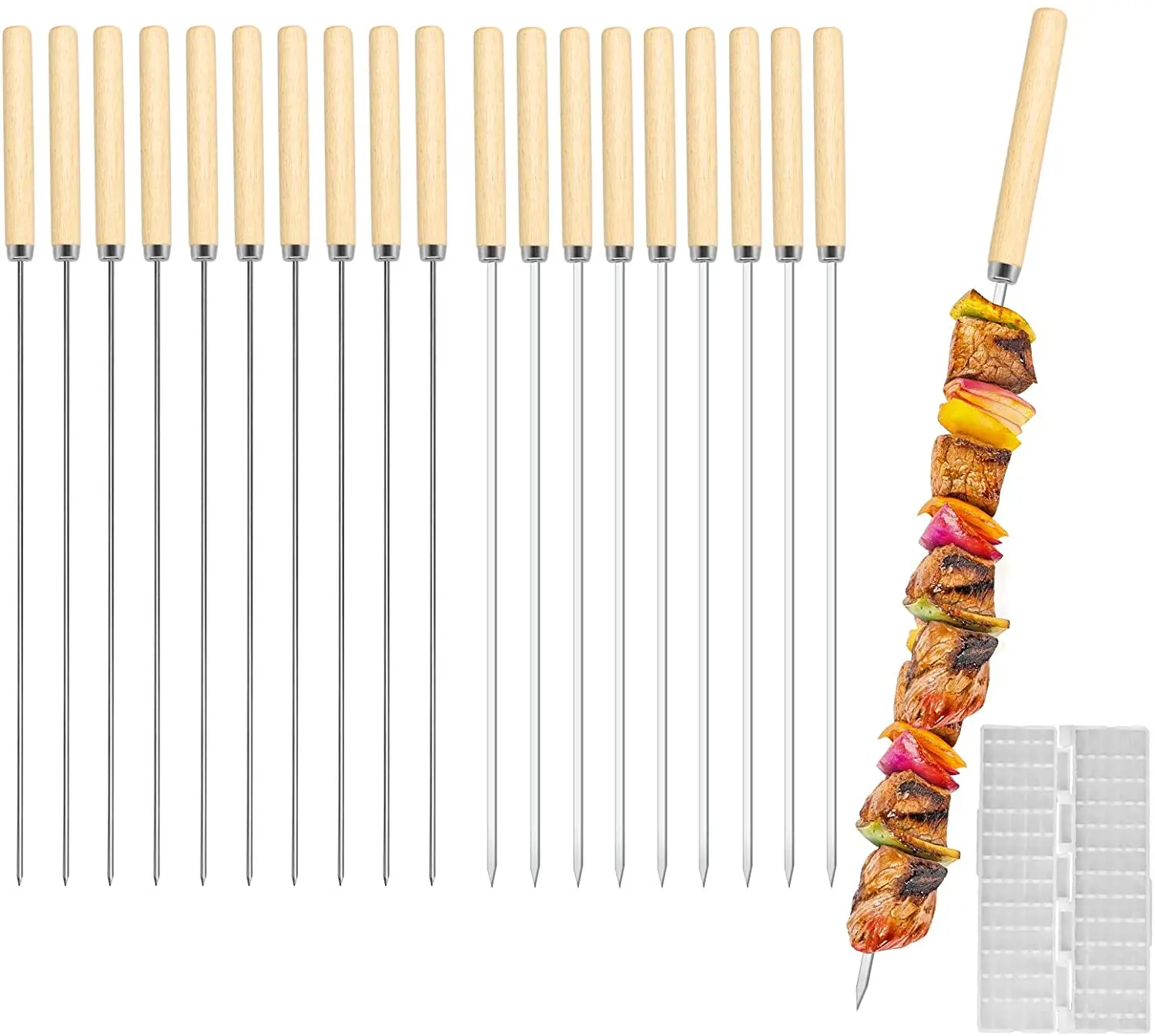 Kebab Skewers 20 Pcs Stainless Steel BBQ Reusable Flat Round Barbecue Grilling Wooden Handle Quick Meat String | Дом и сад