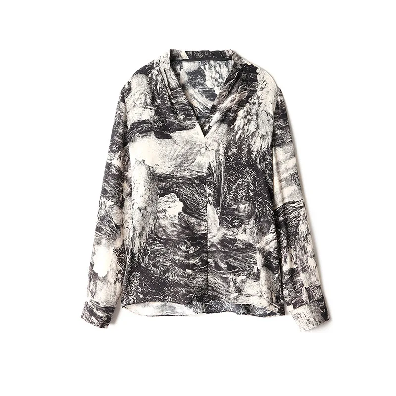 

100% Silk Very Comfortable Shirt European American Summer Women's New V-Neck Long Sleeve Shirt N5209194