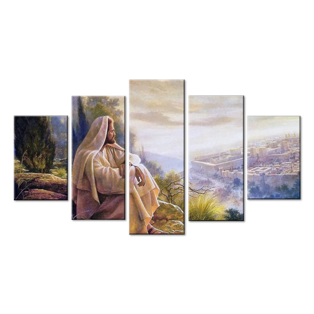 

Pictures Living Room HD Printed Canvas 5 Panels Jesus In Thought Painting Home Decor Posters Wall Art Framework