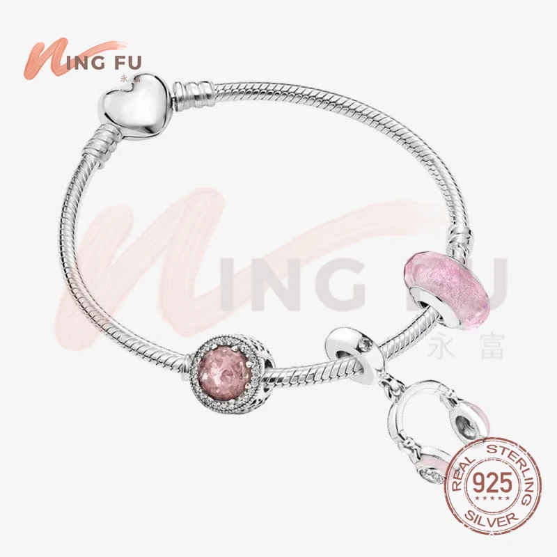 

WingFu 925 sterling silver bracelet calling fashion pink headset pink opal pink glass beads gift set composition bracelet