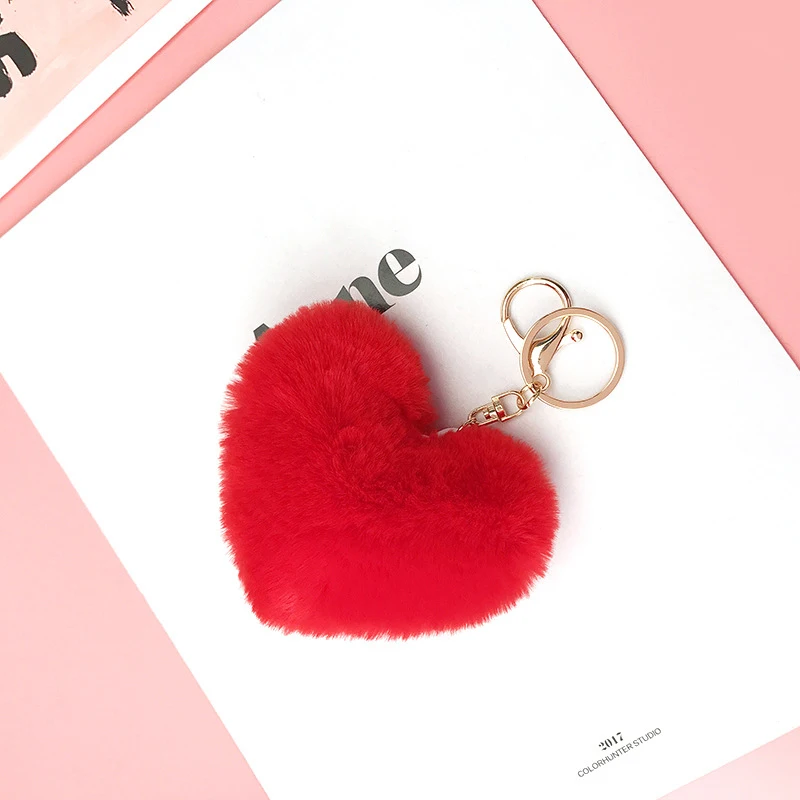 

2021 Fluffy Pompom Car Keychain For Women Imitation Rabbit Fur Pom Poms Ball Heart Shape Pendant Keyring Holder Charm Bag Gifts