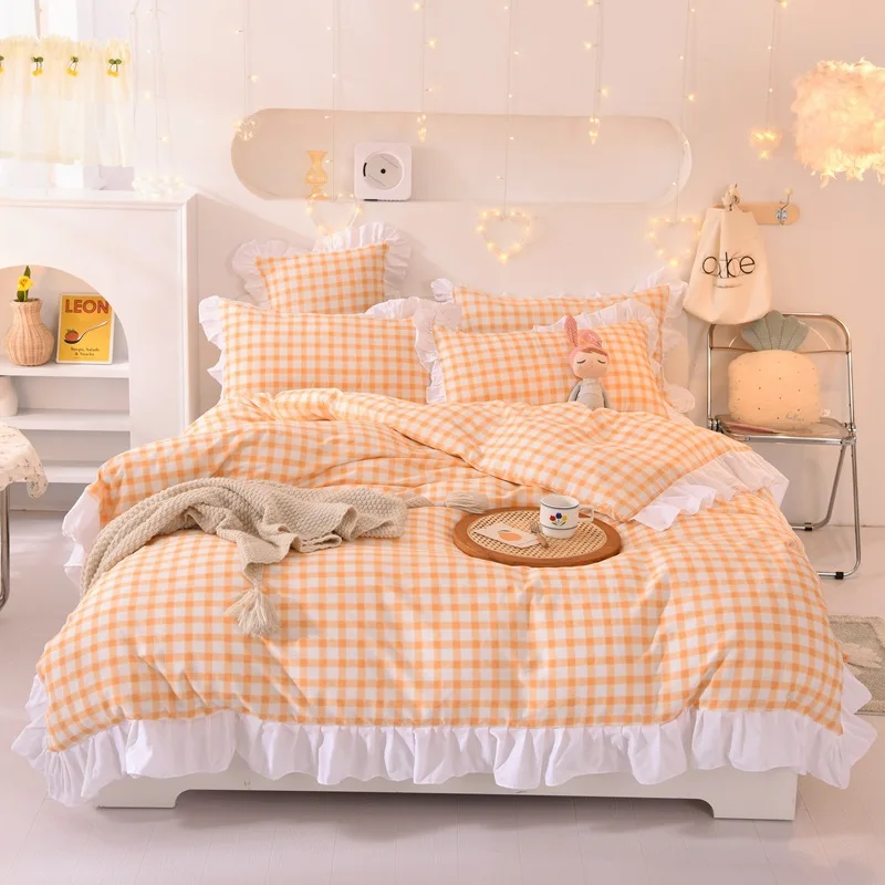 

Сахар в желтую клетку с принтом и кружевной отделкой для хлопок Пододеяльник Стёганое одеяло крышка Подушка Чехол простыня дышащий двухспа...