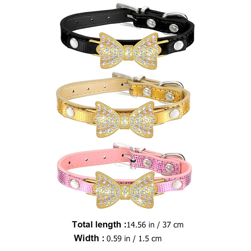 

3PCS Rhinestone Bow PU Pet Collar Fashion Pet Dog Collar Decor (Mixed Color)
