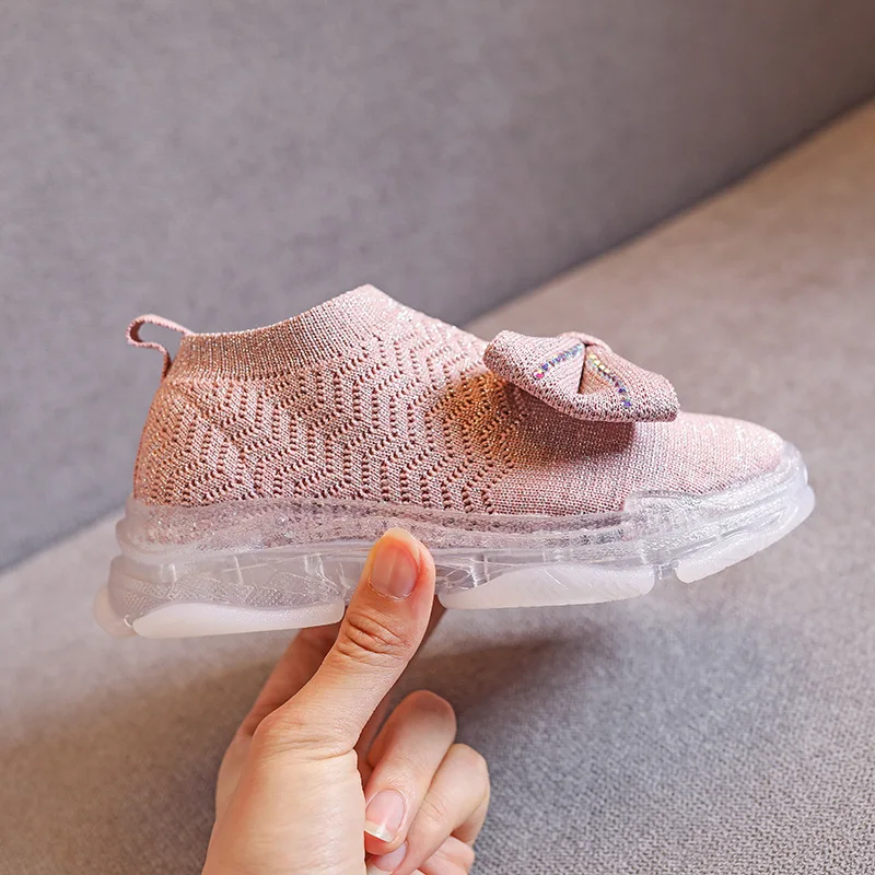 Spring Kids Casual Sneakers Baby Girls Bow Slip On Children Mesh Sport Brand Sock Shoes Black Trainers 2020 | Детская одежда и