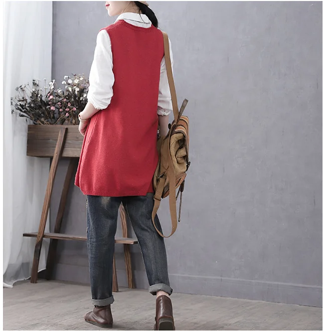 Свитер-жилет средней длины вязаные топы без рукавов универсальные пуловеры с