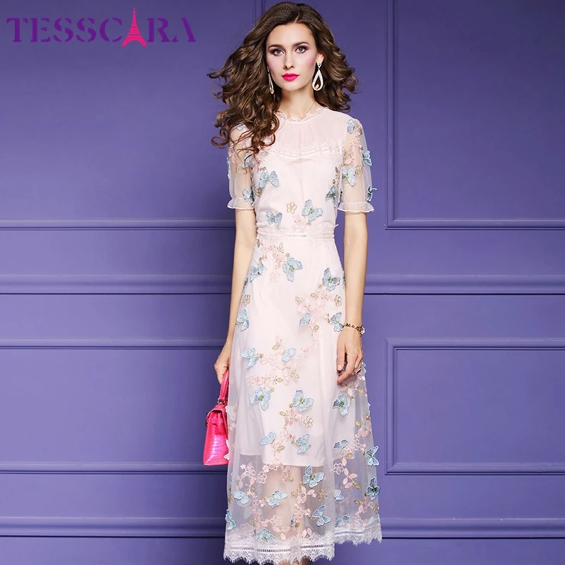 TESSCARA женское роскошное Сетчатое платье с вышивкой Festa высококачественное