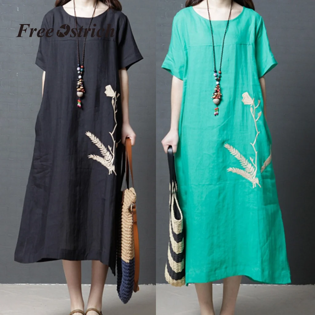 Бесплатная страусиное винтажное платье макси летнее женское хлопковое льняное