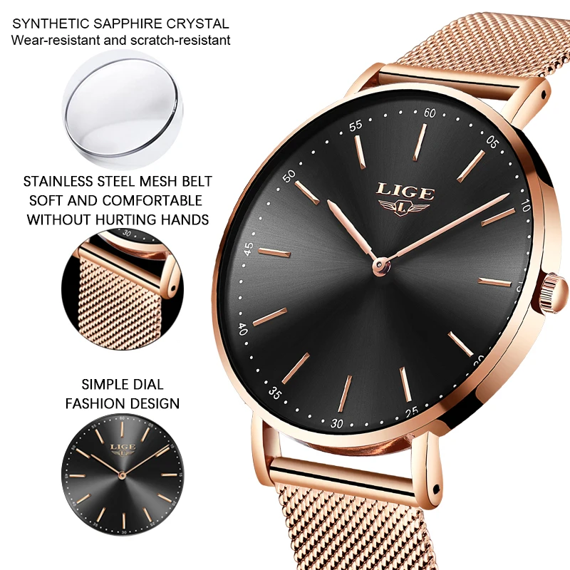 Часы наручные LIGE женские ультра тонкие простые брендовые Роскошные повседневные
