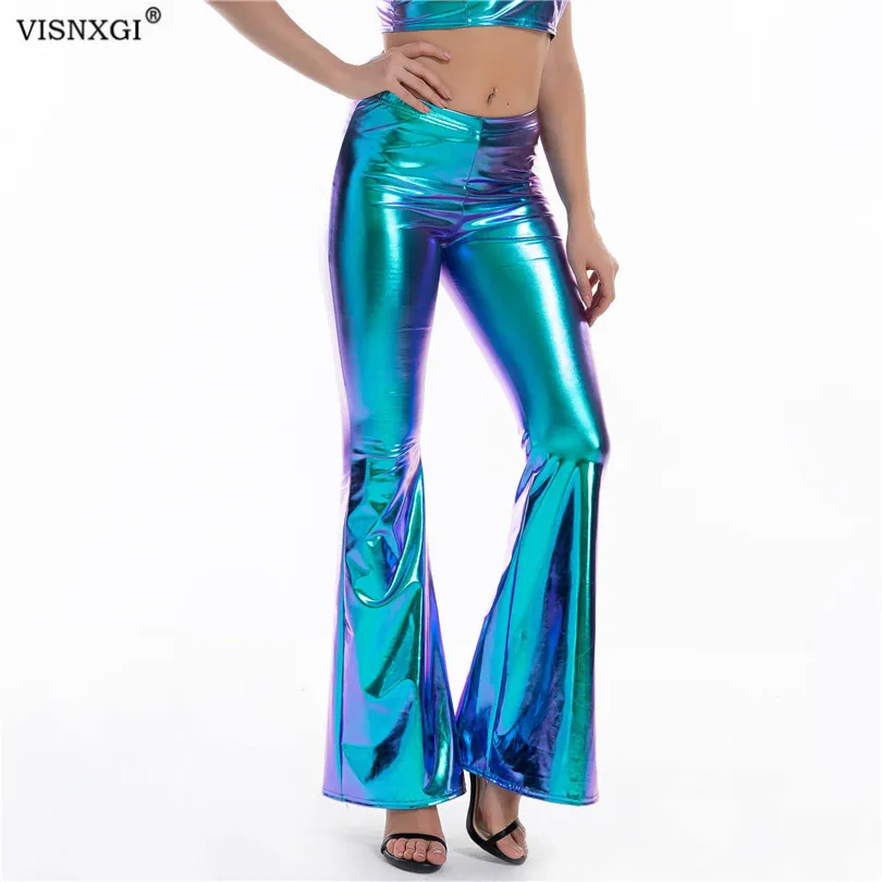 

VISNXGI Fashion Womens Flared Glitter Sequins Leggings Solid High Waist Bell Bottom Pants Disco Trouser Lady Elastic Waist Pants