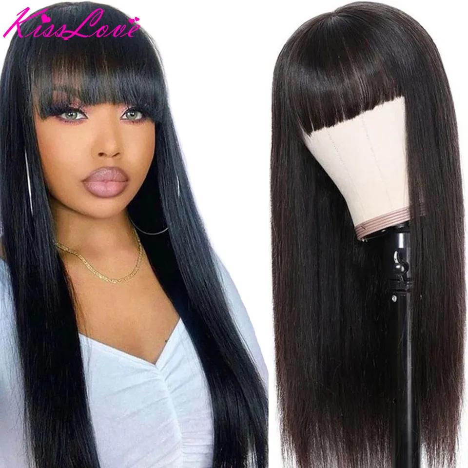 KissLove Bone Straight 100% Human Hair Wigs With Bangs Remy Full Machine Made Fringe Wig Cheap Long Brazilian Wigs for Wowen