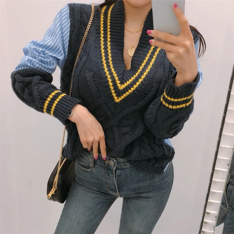 Пуловер женский трикотажный с V-образным вырезом на зиму и весну SW1162 2021 | Женская