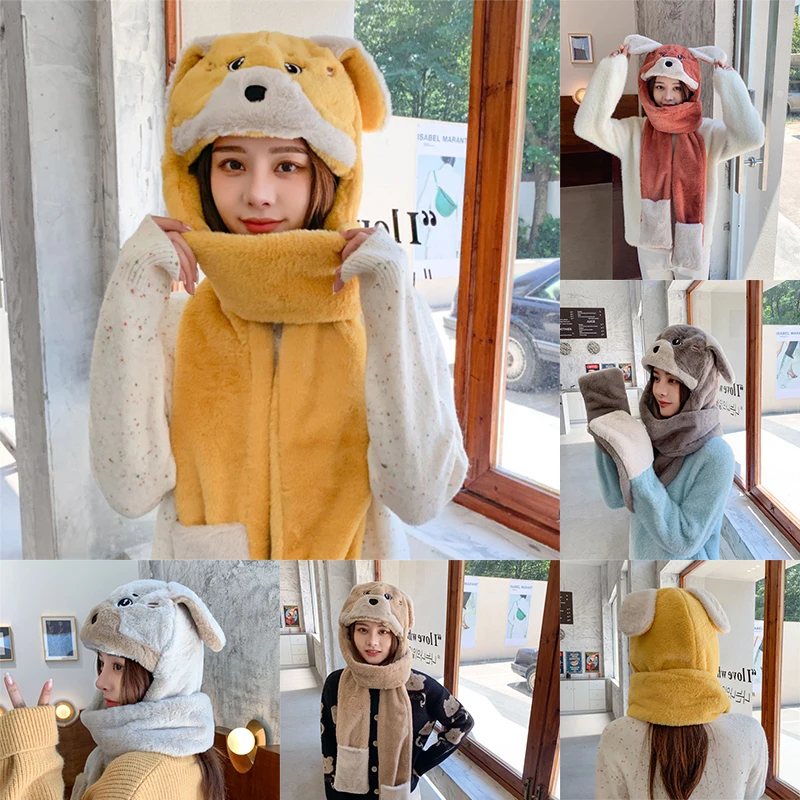 

3 In 1 Winter Animal Hat Scarf Gloves One Female Outdoor Integrated Plush Hooded Capmiddle For School Student Warm Hat Set