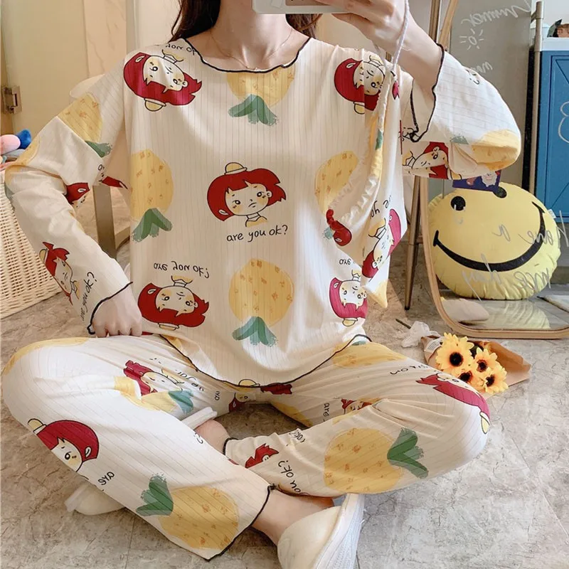 

Ladies Round Neck Casual Long-sleeved Pajamas Suit Home Service 2 Piece