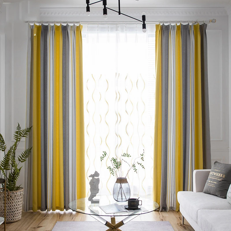 Современные желто серые Тканые Полосатые оконные затемняющие шторы для спальни