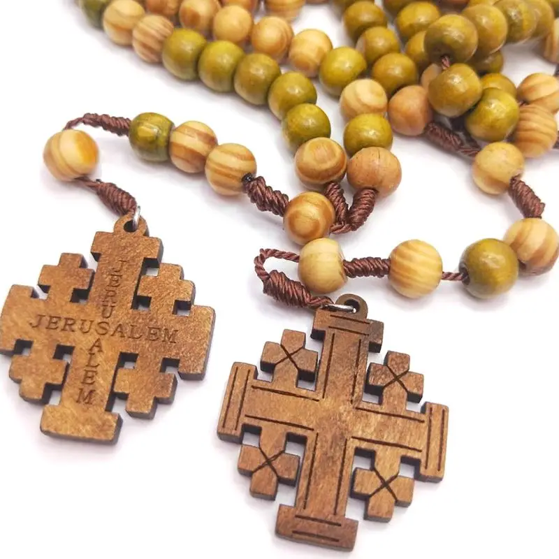 

Jesus Wooden Prayer Beads 10mm Rosary Cross Necklace Pendant Woven Rope Chain Church Supplies Jewelry Accessories