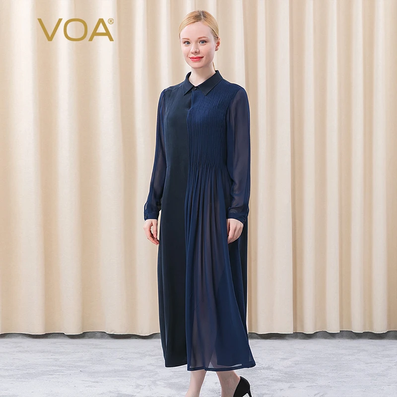 

VOA Silk Navy Blue Heavy 30m/m POLO Collar Georgette Long Sleeve Asymmetric Bump Splicing One-piece Dress AE716 Women Clothes