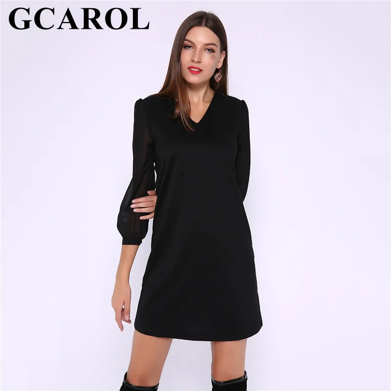 Женское трикотажное платье GCAROL черное шифоновое с v образным вырезом и