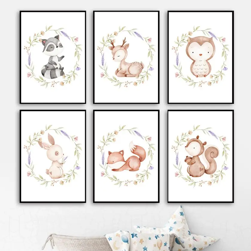 

Cartoon Fox Bunny Deer Squirrel Owl Raccoon Nursery Wall Art Print Canvas Painting Nordic Poster Decor Picture Baby Kids Bedroom