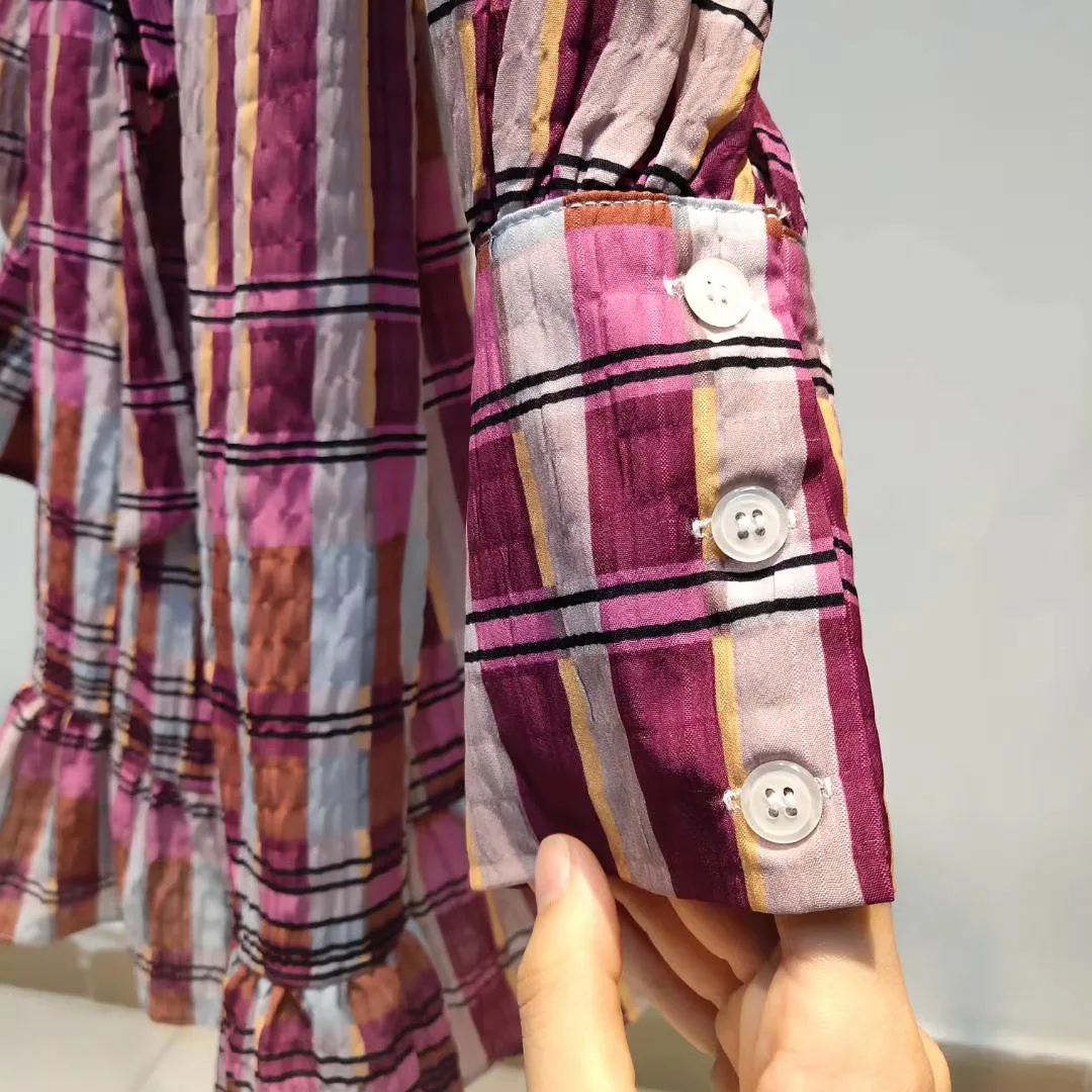 

2020 Fashion Women Boho Style Long Sleeve Loose O-neck Plaid Mini Dress