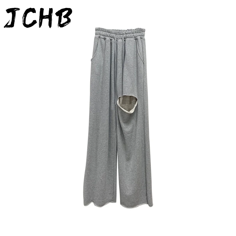 

JCHB 2021 new high waist rope pulling knee broken full length gray color straight pants female summer and spring home wear WL763