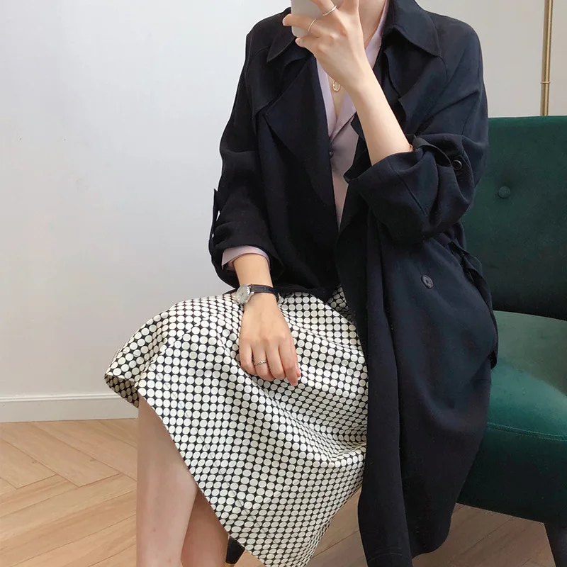 Женский приталенный Тренч с длинным рукавом абрикосовый отложным воротником