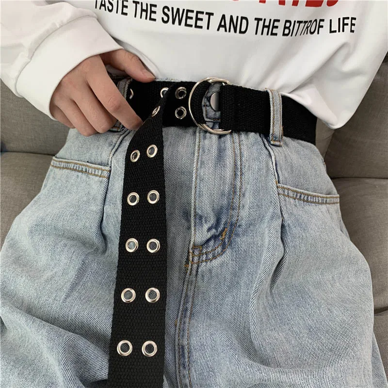 Punk Fashion Canvas Belt Double Row of holes D Ring Buckle Men Women Waist Strap Jeans Black Decoration Waistband