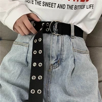 punk fashion canvas belt double row of holes d ring buckle men women waist strap jeans black decoration waistband