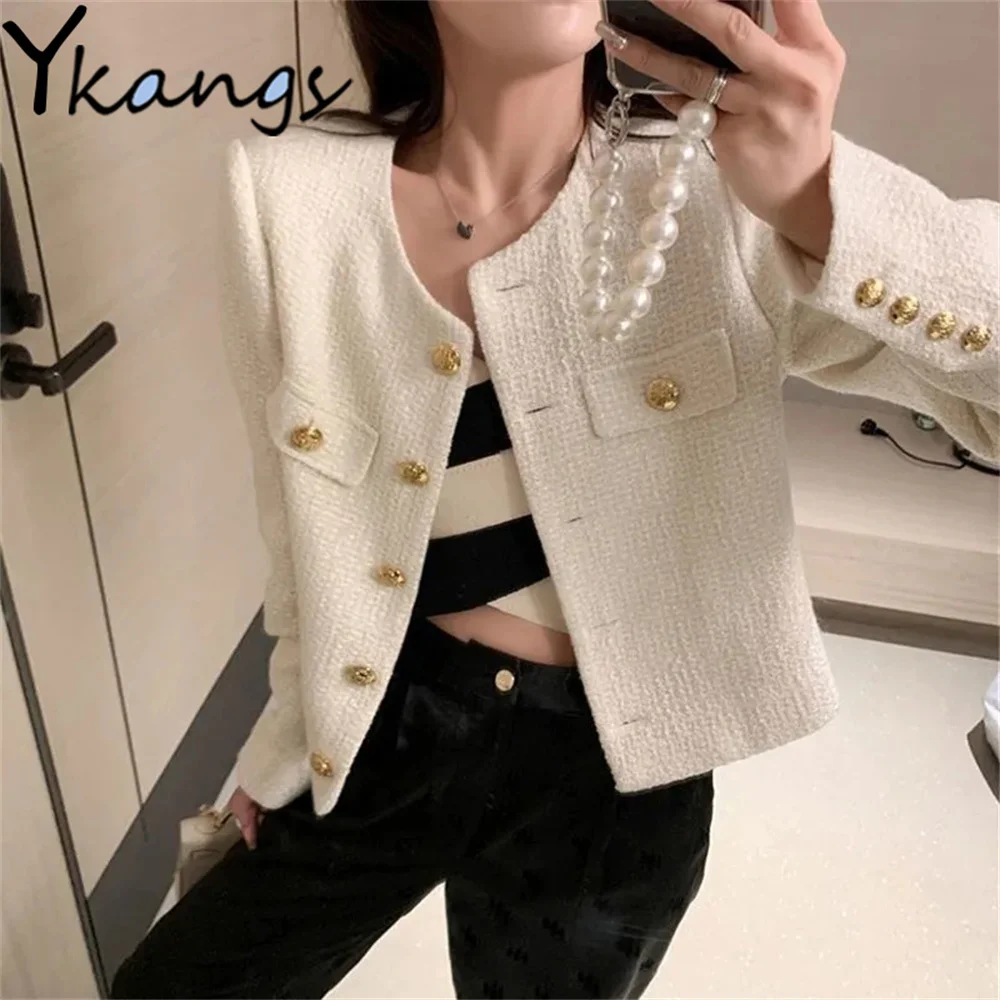 

Harajuku Fashion Loose Coat Round Neck Button Single Breasted Short Jacke 2022 Women Vintage Elegant Tweed Solid Color Outerwear