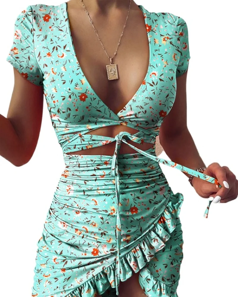 

Floral Print Tie Up Wrap Mini Dress Summer Holiday Ruffles Lace Up Sundress Ruched Women Irregular Hem V-neck Dress Short Sleeve
