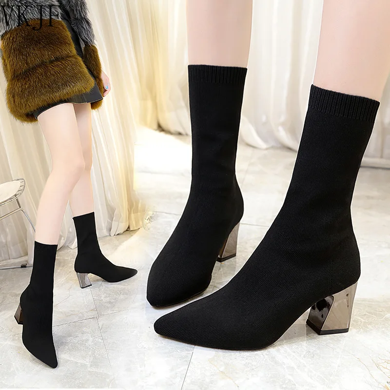 

New Ankle Boots Autumn Pointed Toe Stretch Knitting Sock Boots Plus Size High Heels Female Slip On Lady Shoes Hot Fashion Shoe