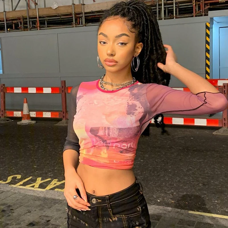 

Summer Mesh Tshirt 2021 Printed Casual T-Shirt Women Patchwork Long Sleeve O Neck Harajuku Crop Top