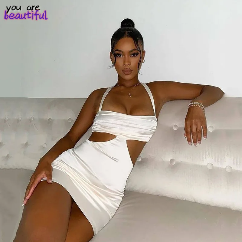 

Halter Bandage Sexy Sleeveless Party Dresses Casual Ladies Hollow Out Backless Bodycon Party Elegant Dress Streetwear Nightclub