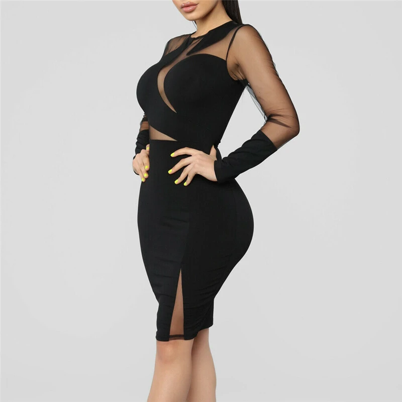 Новое модное женское платье с круглым вырезом и длинным сетчатым рукавом