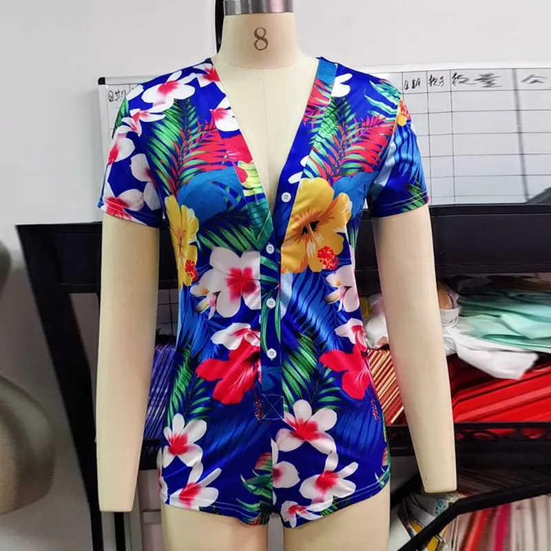 

Women Sexy V-Neck Bodycon Bodysuit Casual Printing Button Beach Jumpsuit Shorts Romper Leotard Ladies Summer Playsuit 2020