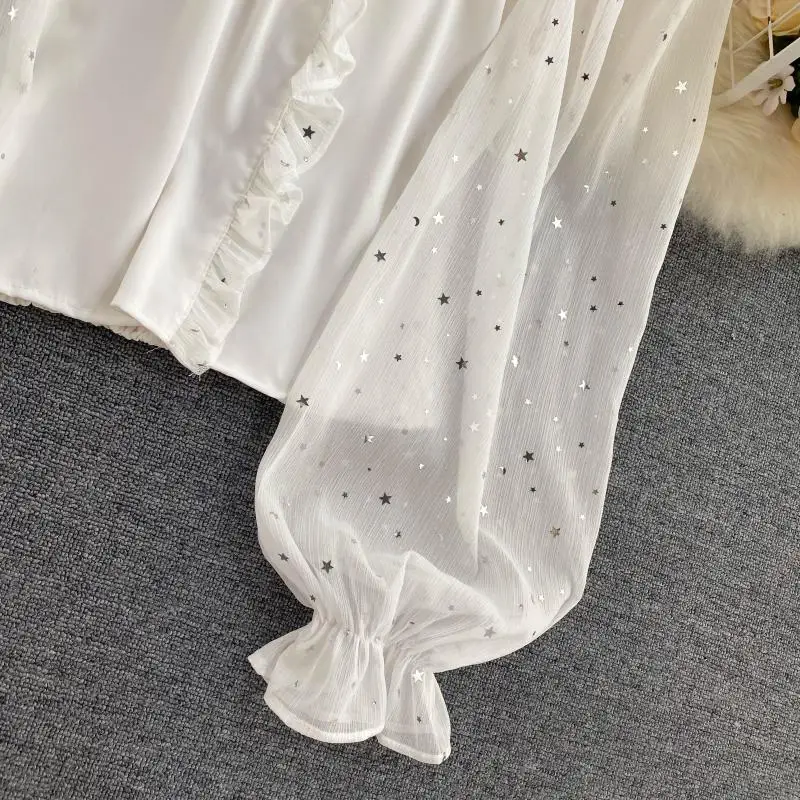 

Autumn 2020 new long sleeve stars sequin blouse sweet design ruffles blouses short style stitching female shirts