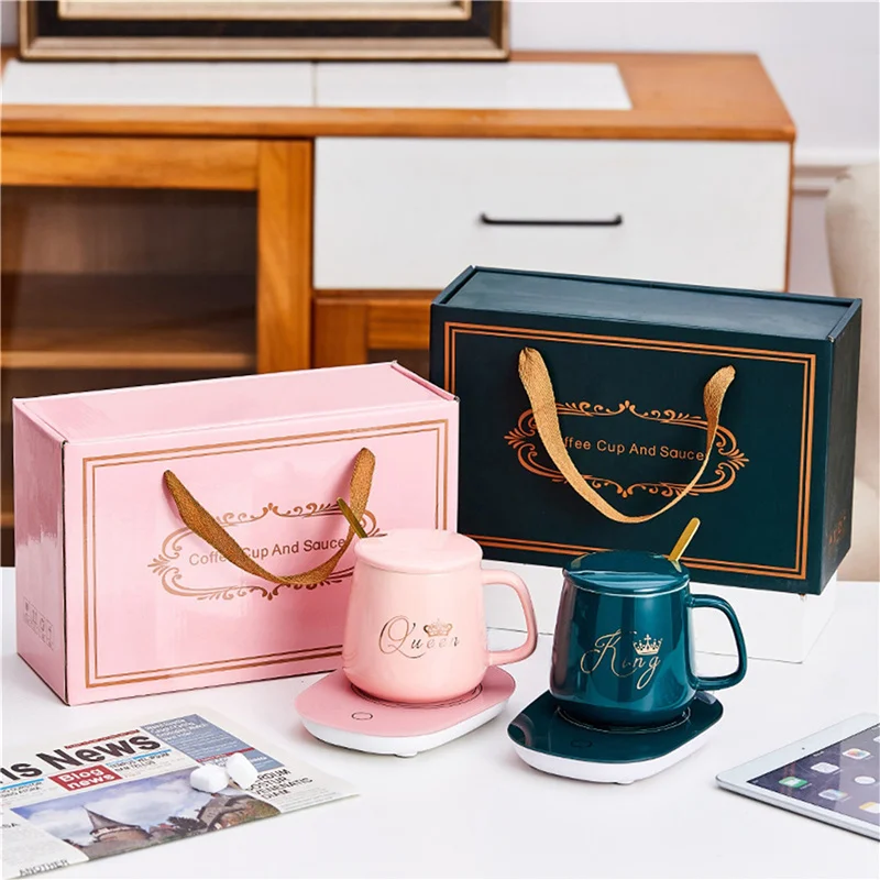 

Elegant Simple Style Coffee Mug with Heating Pad for Desk Simple Thermostatic Ceramic Water Cup with Lid and Spoon