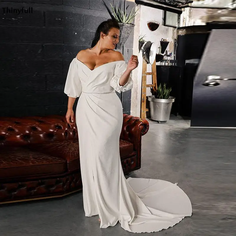 

Summer Simple Beach Wedding Dresses Off Shoulder Boho Front Split Puffy Sleeves Sashes Bohemian Sexy V Neck Bridal Gowns
