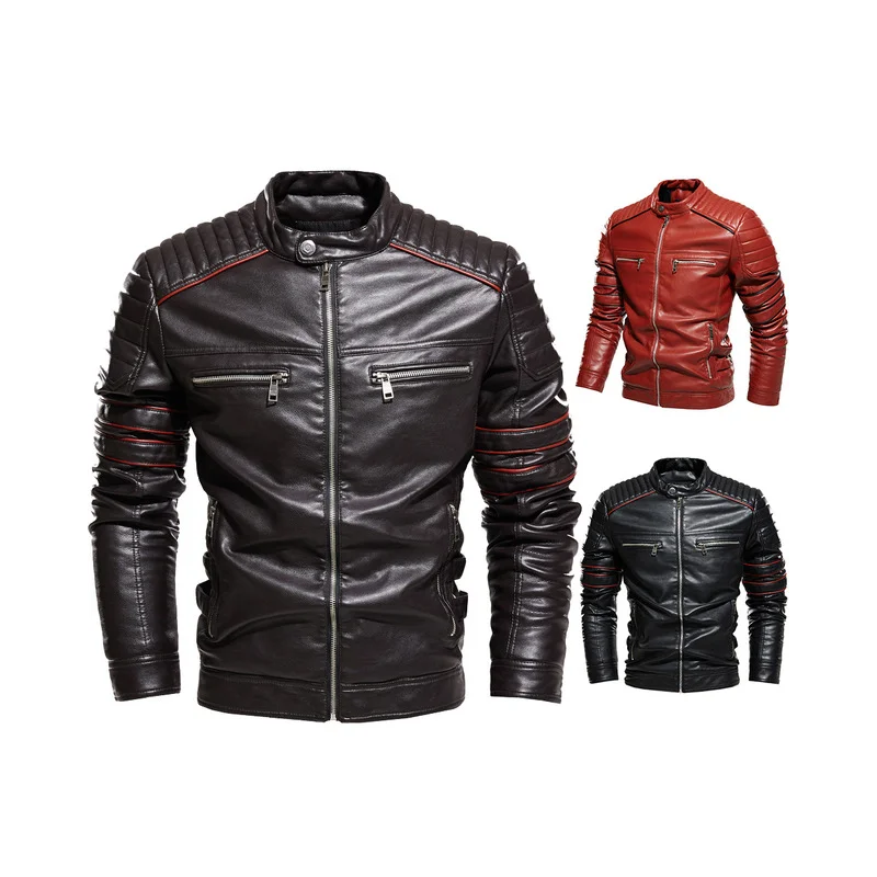 

Мужская кожаная куртка, Мужская мотоциклетная куртка, модная уличная одежда, байкерское пальто, облегающее осенне-зимнее пальто с меховой п...