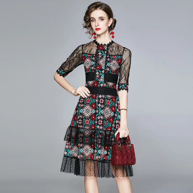 

Summer Fashion Runway Party A Line Dress Women Half Sleeve Lace Mesh Flowers Embroidery Vintage Slim Ruffle Dresses