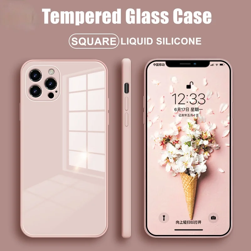 

Square Tempered Glass Phone Case for iPhone 12 Mini 11 Pro Max SE 2 X XR XS Max 8 7 Plus 12 Pro Anti-knock Liquid Silicone Cover