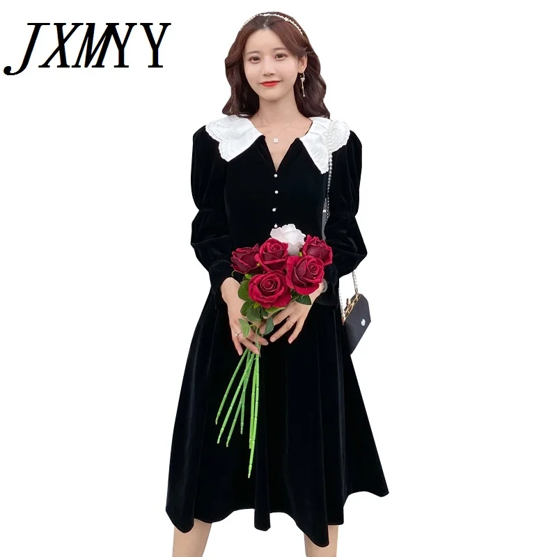 

JXMYY Fashion Dress Female Autumn And Winter French Hepburn Retro Temperament Doll Collar Long-Sleeved Velvet Skirt
