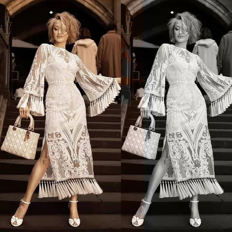 

White Party Dress Women Summer Fashion Sexy Lace Tassel V-Neck Flare Sleeve Mid-Calf Dresses for Women LUGENTOLO