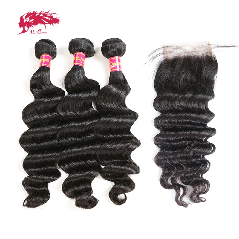 Ali Queen Brazilian Loose Deep Virgin Human Hair 3/4Pcs Bundles With 13x4 Swiss Lace Frontal Natural Color Free Part Pre-Plucked