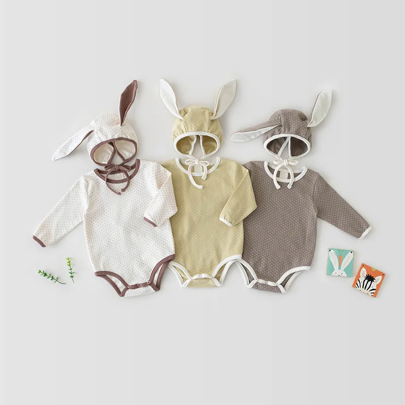 

Autumn Infant Girls Long Sleeve Bodysuits Kids Girls Wave Point Jumpsuit With Rabbit Ears Hat Toddler Baby Cotton Casual Clothes