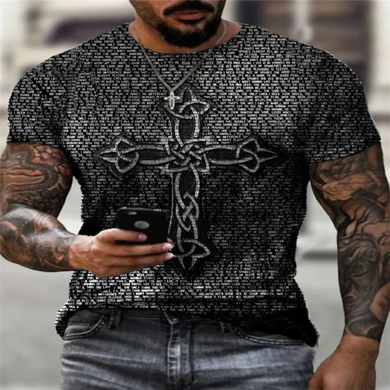 

Men's loose short-sleeved shirt O-neck T-shirt casual retro cross letter collar 3 D printed T-shirt summer streetwear wholesale
