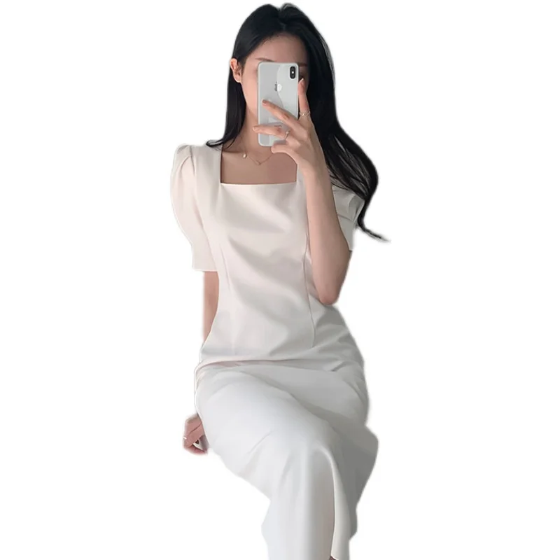 

COIGARSAM French Style Women dress Summer Straight High Waist Square Collar Dresses White Light Blue 1556