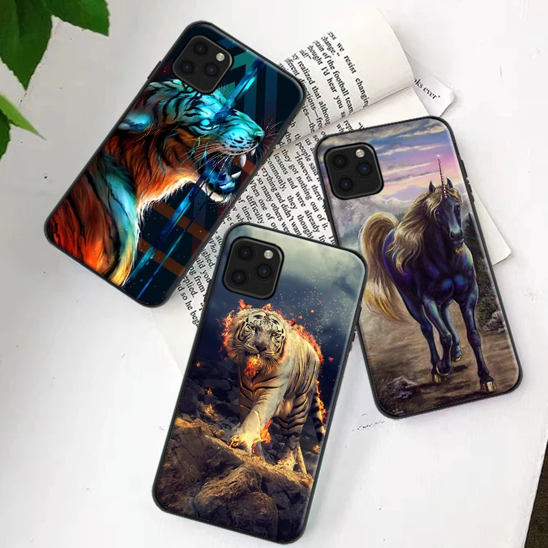 

Phone Case For iPhone 6 6S 7 8 X XS XR 11 12 13 13 Pro Mini SE 2020 Luxury Black Shell Cover Wolf Lion Cool Animal funda